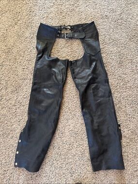 Black Leather Motorcycle Chaps with Belt Closure